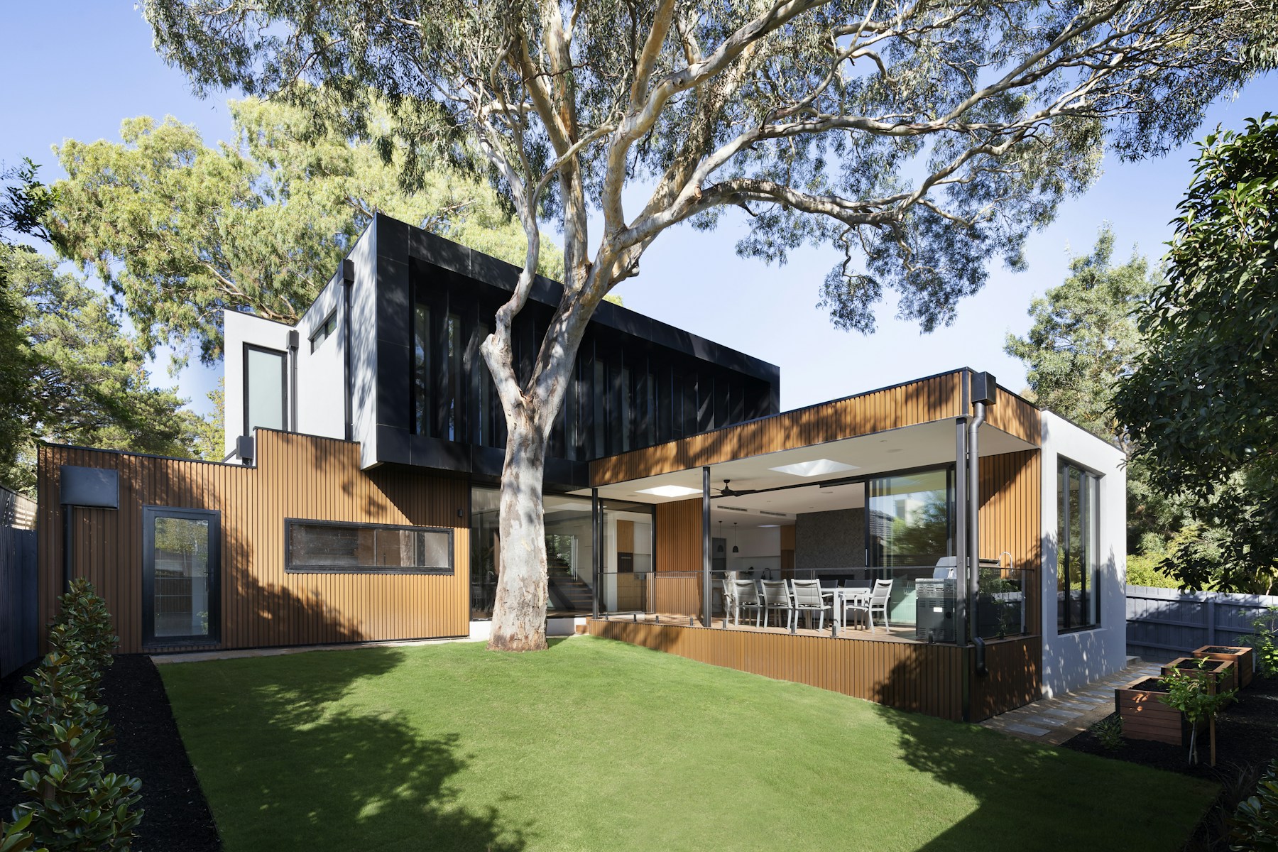 Avance parcial de arquitectura en madera entre árboles